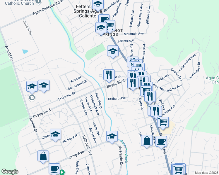 map of restaurants, bars, coffee shops, grocery stores, and more near 18033 Mulberry Avenue in Sonoma