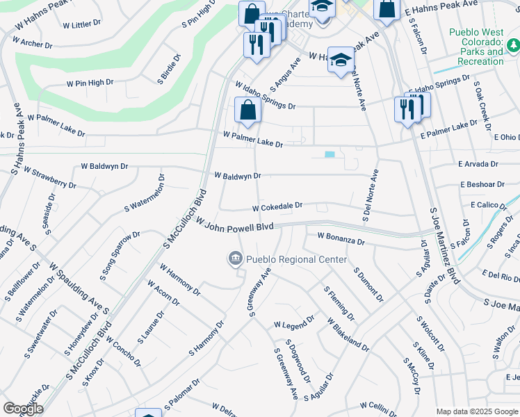 map of restaurants, bars, coffee shops, grocery stores, and more near South Angus Avenue in Pueblo West