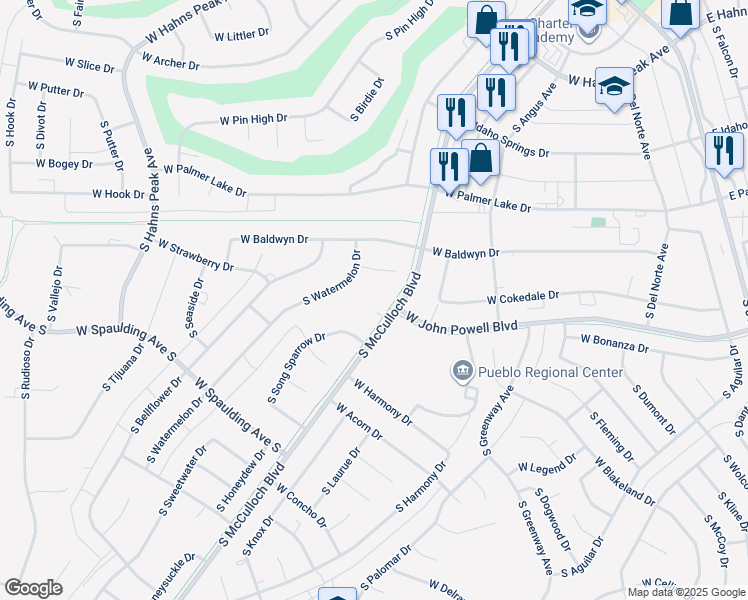 map of restaurants, bars, coffee shops, grocery stores, and more near 276 West Owl Court in Pueblo West