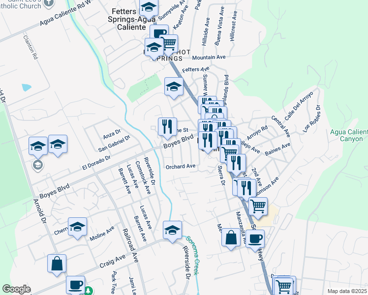 map of restaurants, bars, coffee shops, grocery stores, and more near 18067 Poplar Avenue in Sonoma