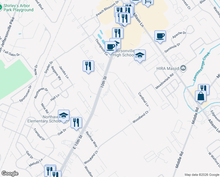 map of restaurants, bars, coffee shops, grocery stores, and more near 2103 Brookshire Drive in Jeffersonville