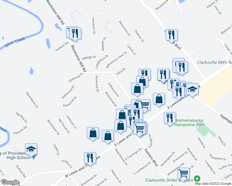 map of restaurants, bars, coffee shops, grocery stores, and more near 1531 Cliftwood Drive in Clarksville