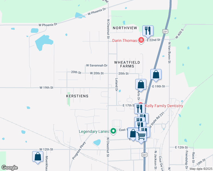 map of restaurants, bars, coffee shops, grocery stores, and more near 1900 North Chestnut Street in Huntingburg