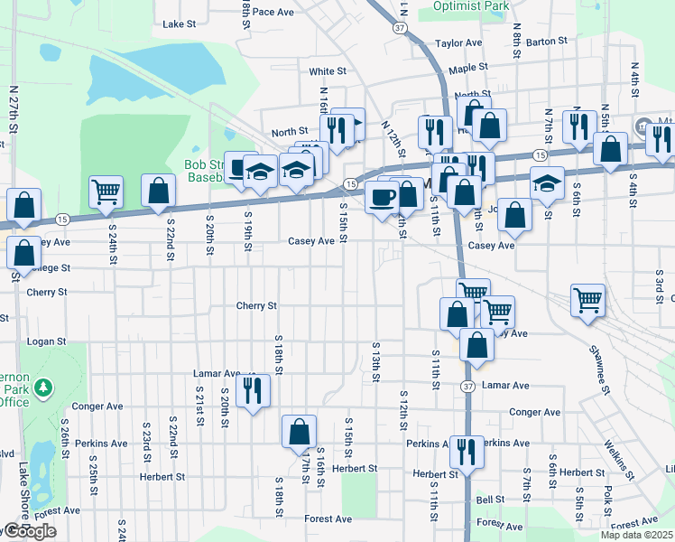 map of restaurants, bars, coffee shops, grocery stores, and more near 401 South 15th Street in Mount Vernon