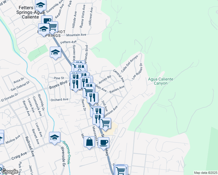 map of restaurants, bars, coffee shops, grocery stores, and more near 380 Baines Avenue in Sonoma