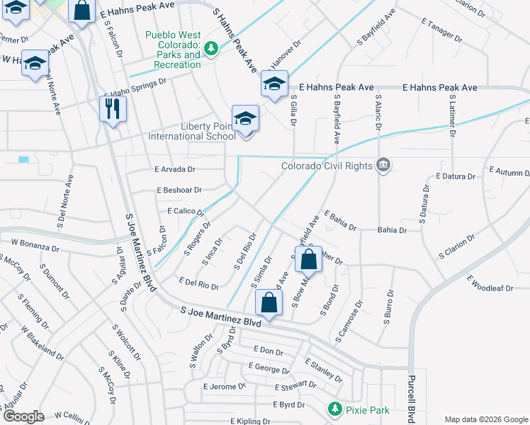 map of restaurants, bars, coffee shops, grocery stores, and more near 611 S Del Rio Dr in Pueblo