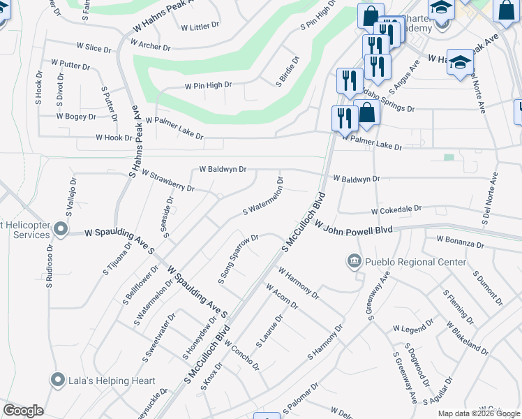 map of restaurants, bars, coffee shops, grocery stores, and more near 333 West Song Sparrow Drive in Pueblo West