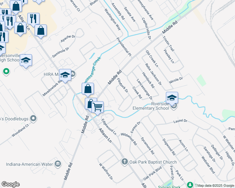 map of restaurants, bars, coffee shops, grocery stores, and more near 1707 Birchbark Lane in Jeffersonville