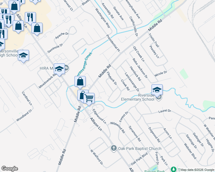 map of restaurants, bars, coffee shops, grocery stores, and more near 1717 Birchbark Lane in Jeffersonville