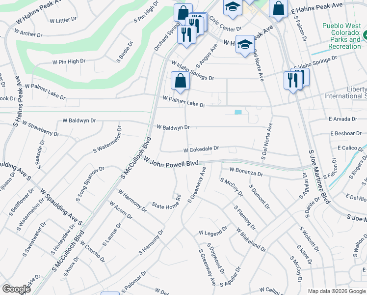 map of restaurants, bars, coffee shops, grocery stores, and more near 164 West Baldwyn Drive in Pueblo West