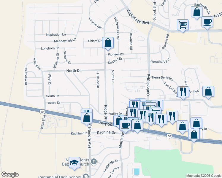 map of restaurants, bars, coffee shops, grocery stores, and more near 4031 North Drive in Pueblo