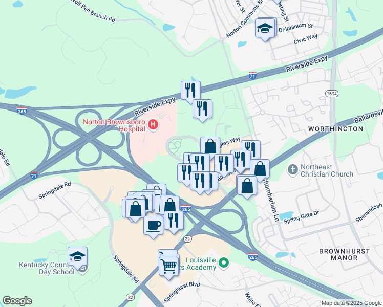 map of restaurants, bars, coffee shops, grocery stores, and more near 4915 Norton Healthcare Boulevard in Louisville
