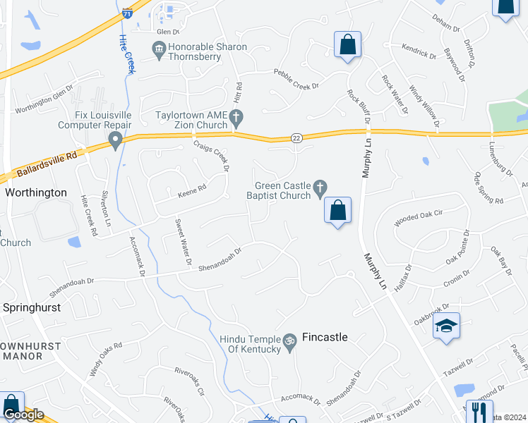 map of restaurants, bars, coffee shops, grocery stores, and more near 11107 Oak Bend Court in Louisville