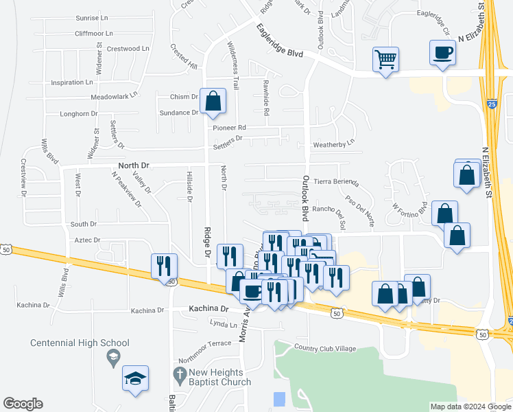 map of restaurants, bars, coffee shops, grocery stores, and more near 1724 Paseo del Tesoro in Pueblo