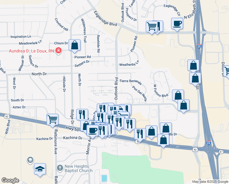 map of restaurants, bars, coffee shops, grocery stores, and more near 4141 Outlook Boulevard in Pueblo