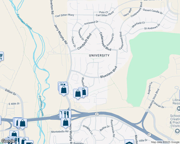 map of restaurants, bars, coffee shops, grocery stores, and more near 11 Chicory Court in Pueblo