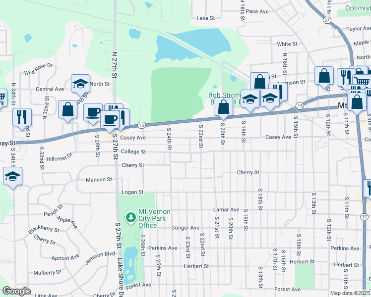 map of restaurants, bars, coffee shops, grocery stores, and more near 2209 Casey Avenue in Mount Vernon