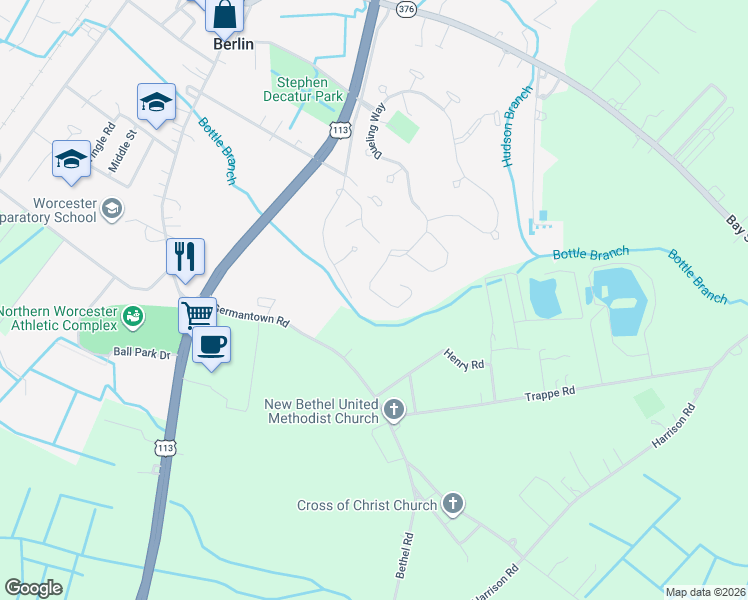 map of restaurants, bars, coffee shops, grocery stores, and more near 144 Intrepid Lane in Berlin