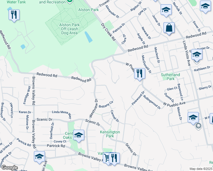 map of restaurants, bars, coffee shops, grocery stores, and more near 3346 Brittany Circle in Napa