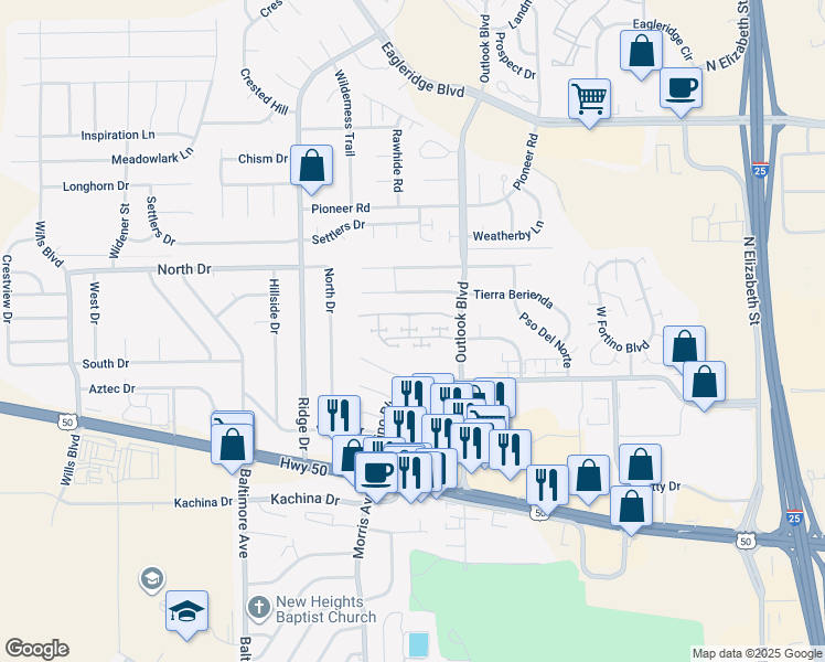 map of restaurants, bars, coffee shops, grocery stores, and more near 1724 Paseo del Tesoro in Pueblo