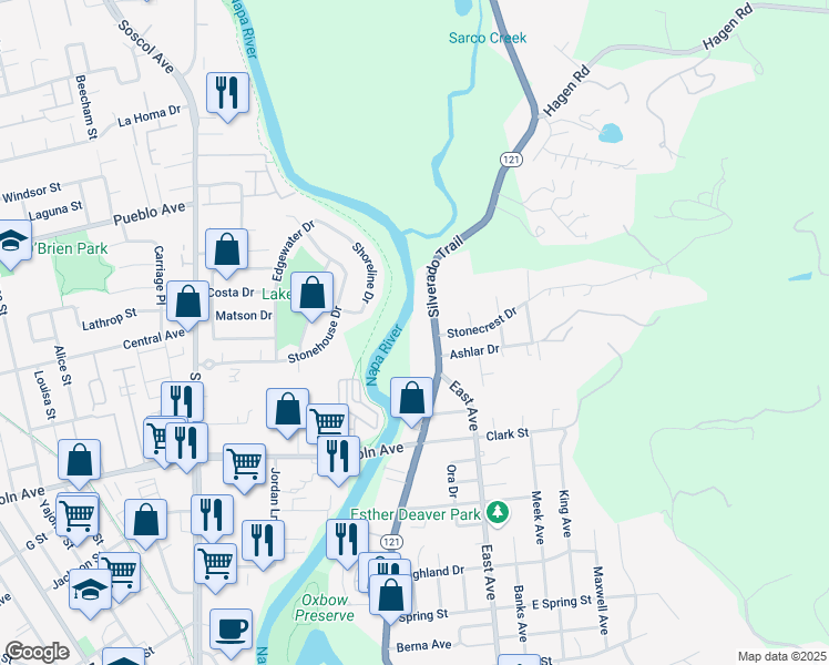 map of restaurants, bars, coffee shops, grocery stores, and more near 1803 Silverado Trail in Napa