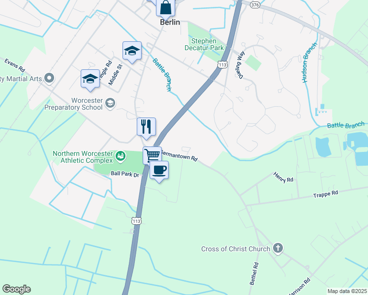map of restaurants, bars, coffee shops, grocery stores, and more near 300 Reedy Cove Drive in Berlin