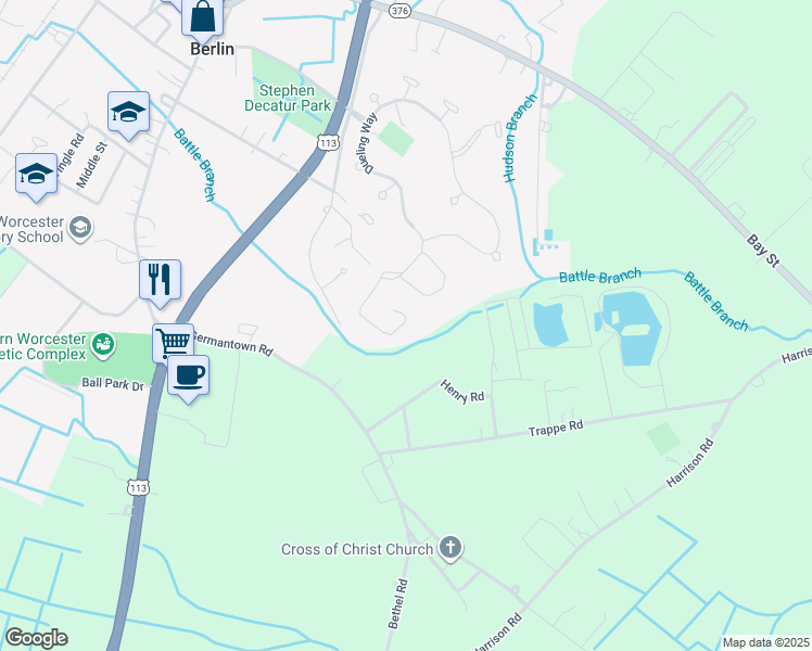 map of restaurants, bars, coffee shops, grocery stores, and more near 114 Intrepid Lane in Berlin