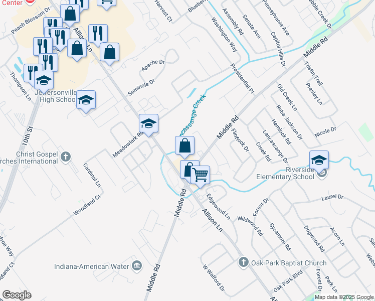 map of restaurants, bars, coffee shops, grocery stores, and more near 1800 Allison Lane in Jeffersonville