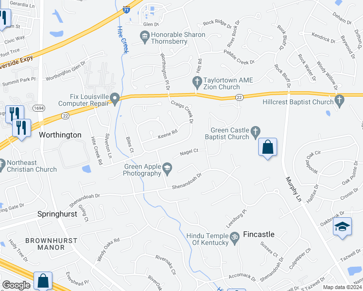 map of restaurants, bars, coffee shops, grocery stores, and more near 5229 Craigs Creek Drive in Louisville