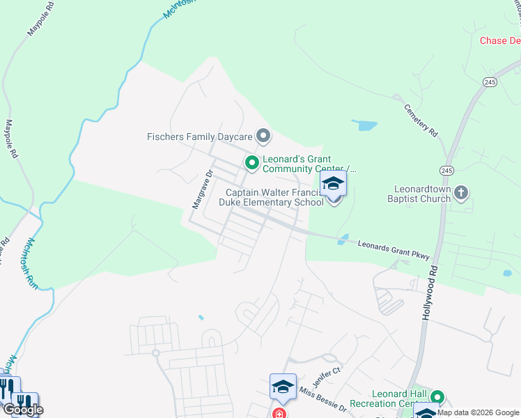 map of restaurants, bars, coffee shops, grocery stores, and more near 41465 Challedon Way in Leonardtown
