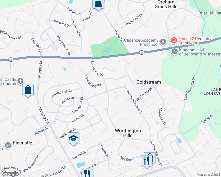 map of restaurants, bars, coffee shops, grocery stores, and more near 4805 Lunenburg Drive in Louisville