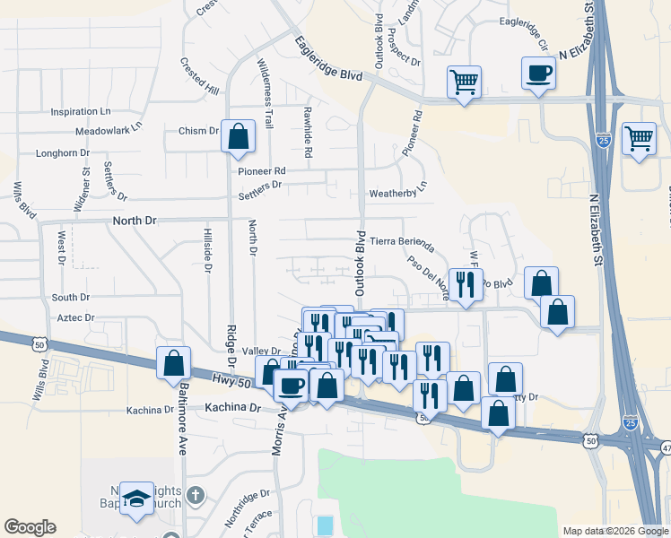 map of restaurants, bars, coffee shops, grocery stores, and more near 1708 Paseo del Tesoro in Pueblo