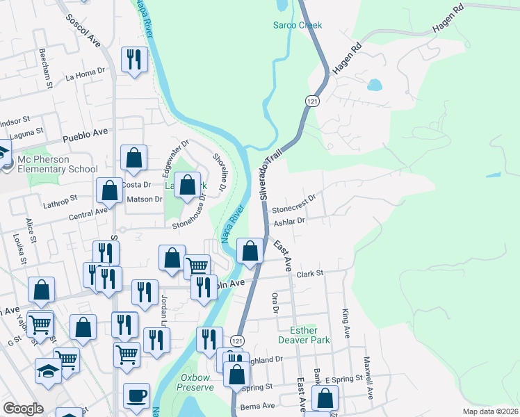 map of restaurants, bars, coffee shops, grocery stores, and more near 1802 Silverado Trail in Napa
