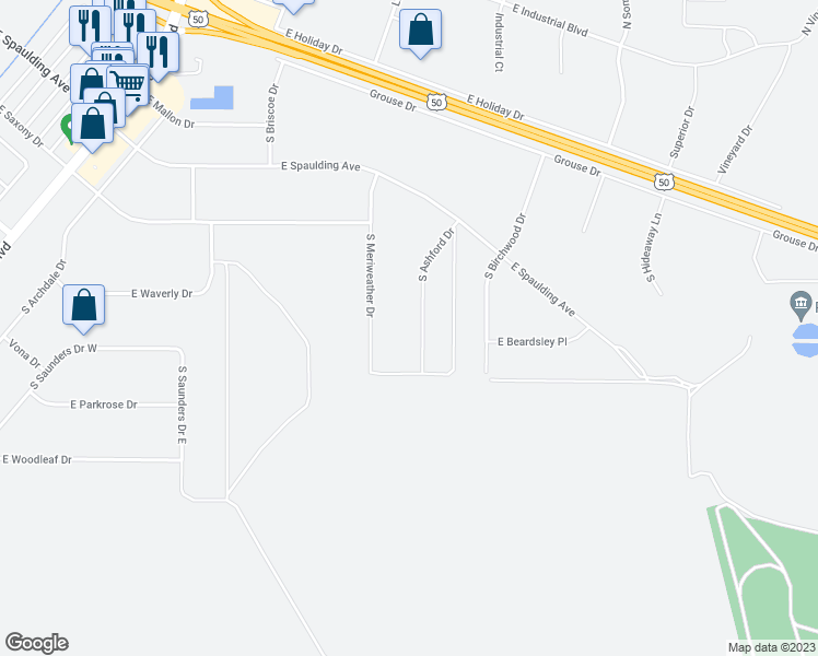 map of restaurants, bars, coffee shops, grocery stores, and more near 405 S Ashford Dr in Pueblo