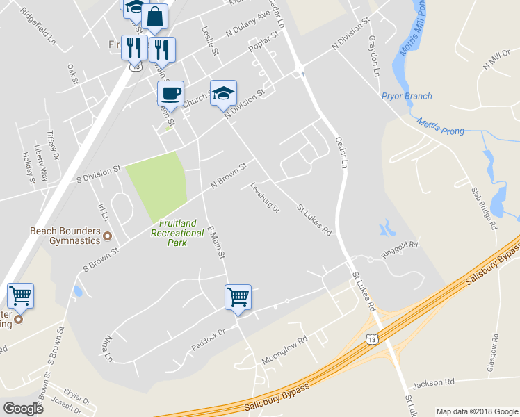 map of restaurants, bars, coffee shops, grocery stores, and more near 508 Leesburg Drive in Fruitland