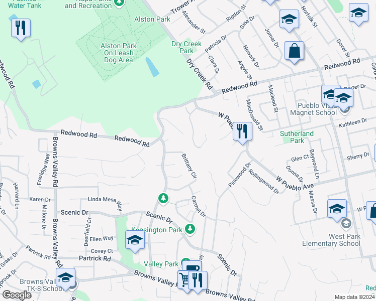 map of restaurants, bars, coffee shops, grocery stores, and more near 3346 Brittany Circle in Napa