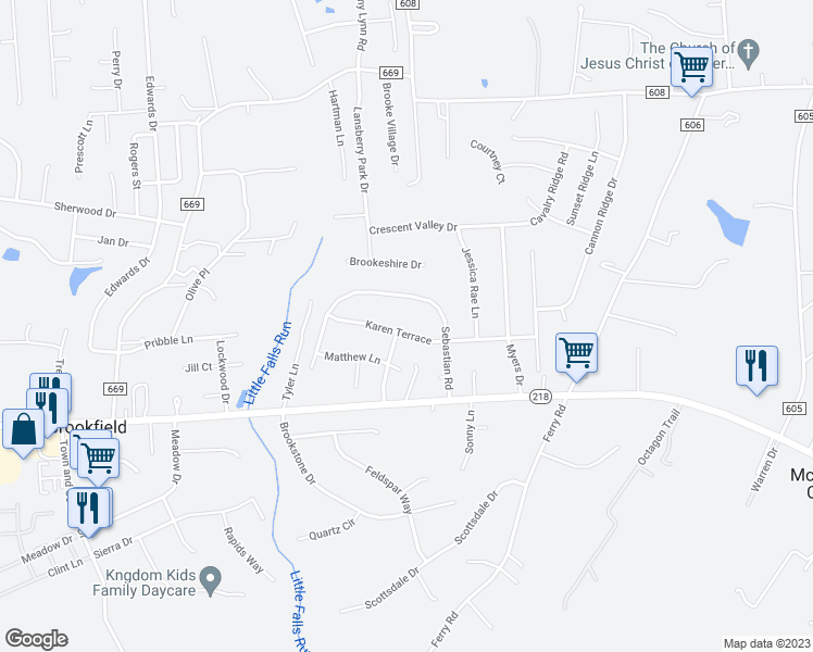 map of restaurants, bars, coffee shops, grocery stores, and more near 2201 Karen Terrace in Fredericksburg