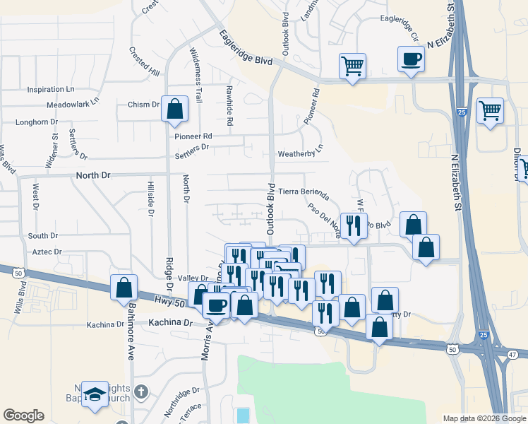 map of restaurants, bars, coffee shops, grocery stores, and more near 1708 Paseo del Tesoro in Pueblo