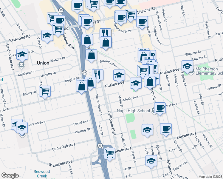 map of restaurants, bars, coffee shops, grocery stores, and more near 1680 Pueblo Avenue in Napa