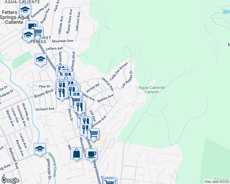 map of restaurants, bars, coffee shops, grocery stores, and more near 961 Central Avenue in Sonoma