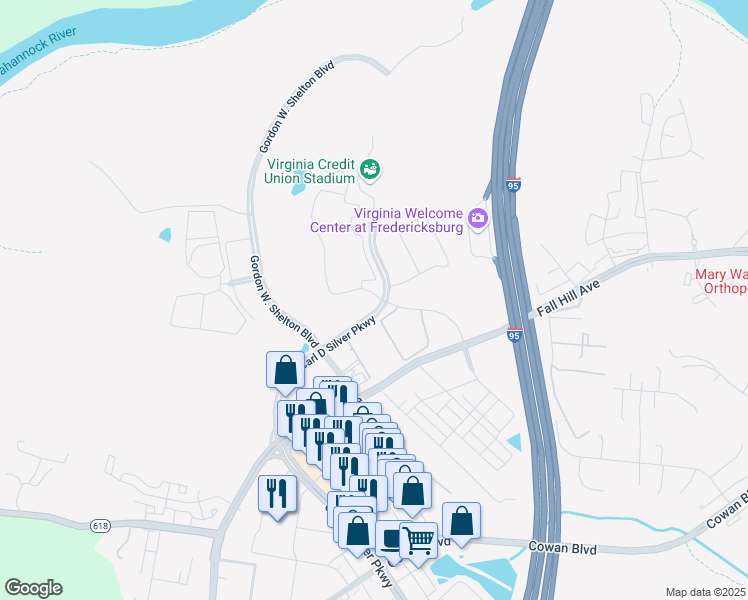 map of restaurants, bars, coffee shops, grocery stores, and more near 1900 Ashford Circle in Fredericksburg