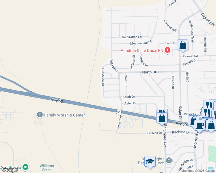 map of restaurants, bars, coffee shops, grocery stores, and more near 2314 Newcastle Drive in Pueblo