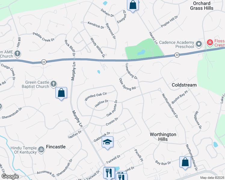 map of restaurants, bars, coffee shops, grocery stores, and more near 4622 Oak Pointe Drive in Louisville