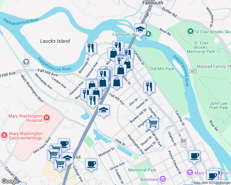 map of restaurants, bars, coffee shops, grocery stores, and more near 446 Bridgewater Street in Fredericksburg