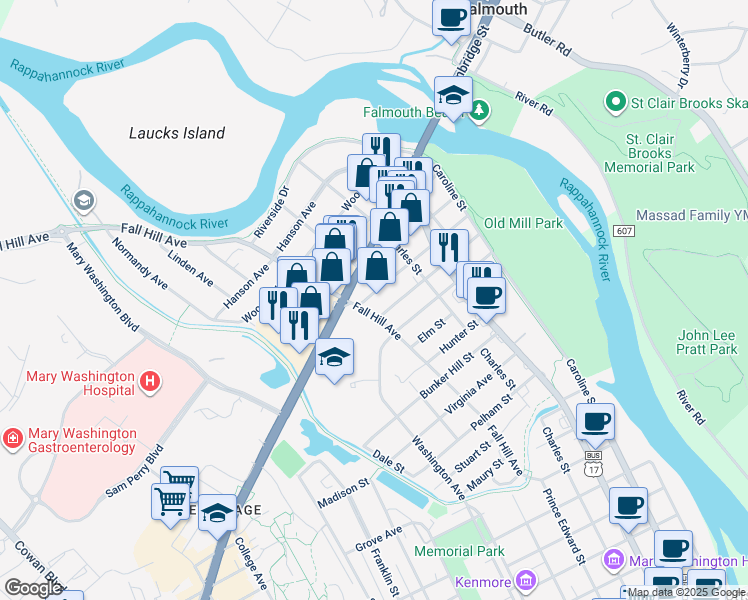 map of restaurants, bars, coffee shops, grocery stores, and more near 446 Bridgewater Street in Fredericksburg