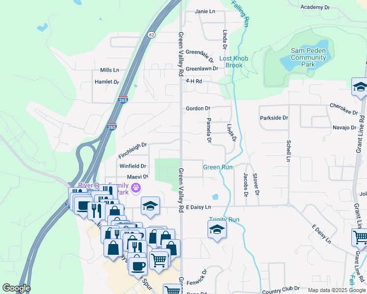map of restaurants, bars, coffee shops, grocery stores, and more near 2510 Green Valley Road in New Albany