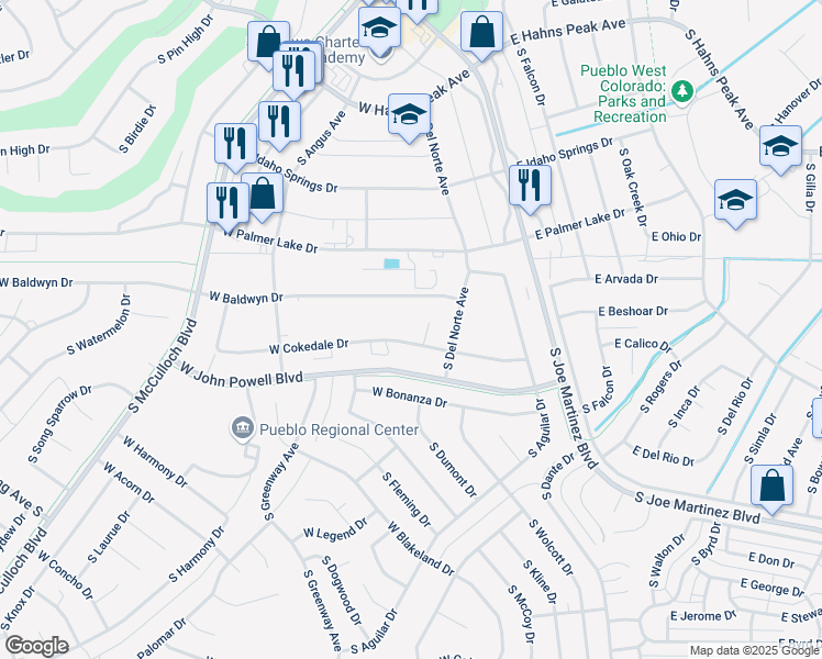 map of restaurants, bars, coffee shops, grocery stores, and more near 41 West Cokedale Drive in Pueblo