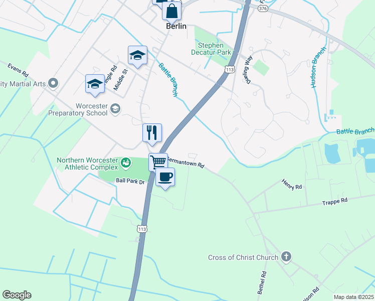 map of restaurants, bars, coffee shops, grocery stores, and more near 300 Reedy Cove Drive in Berlin