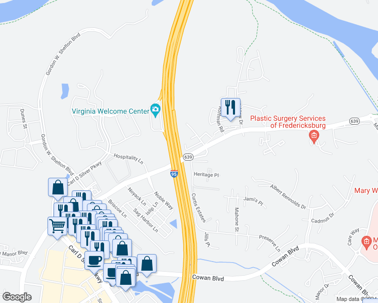 map of restaurants, bars, coffee shops, grocery stores, and more near 128 Hughey Court in Fredericksburg