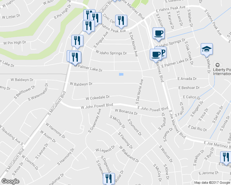map of restaurants, bars, coffee shops, grocery stores, and more near 95 West Cokedale Drive in Pueblo West